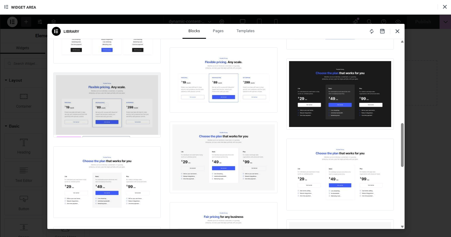 Insert Pricing Table template block