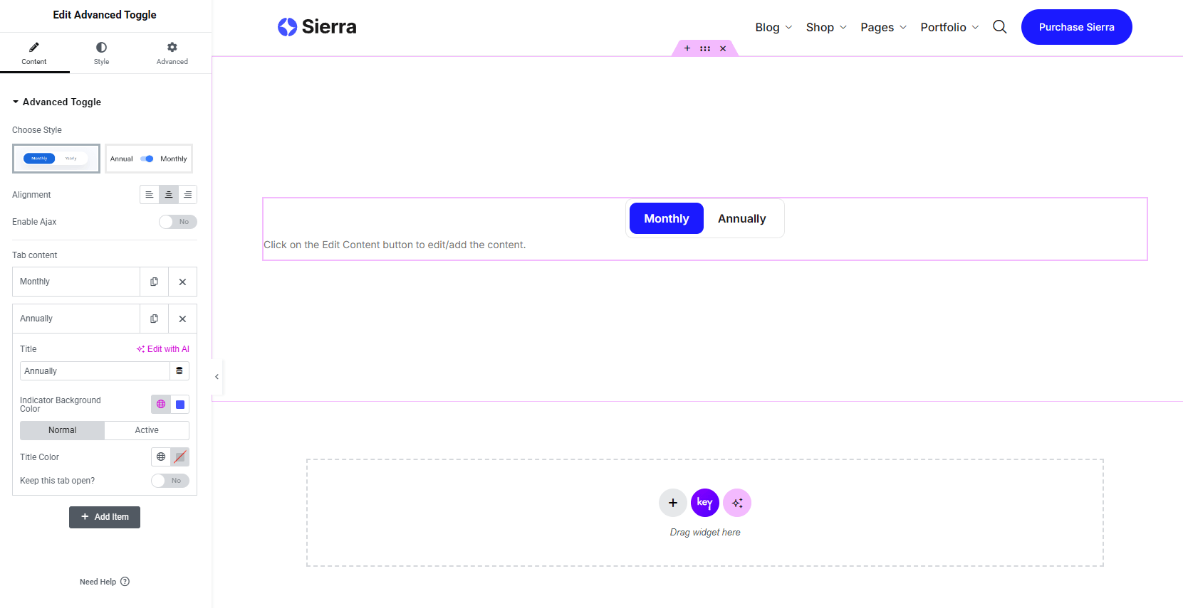 Configure the Advanced Toggle widget
